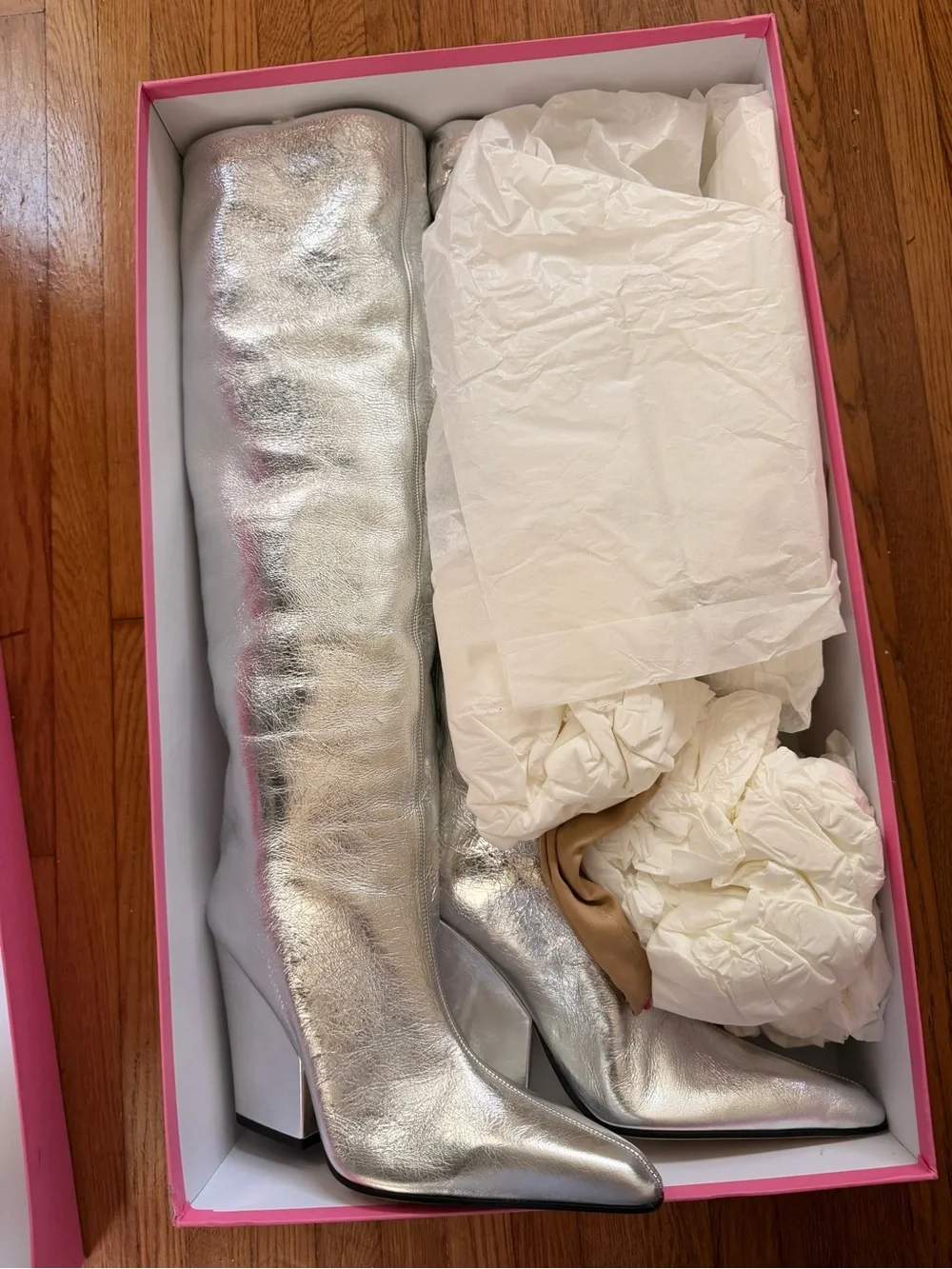 Paris Texas Jane Silver Over-the-Knee Crinkled Leather Metallic Boots New In Box
